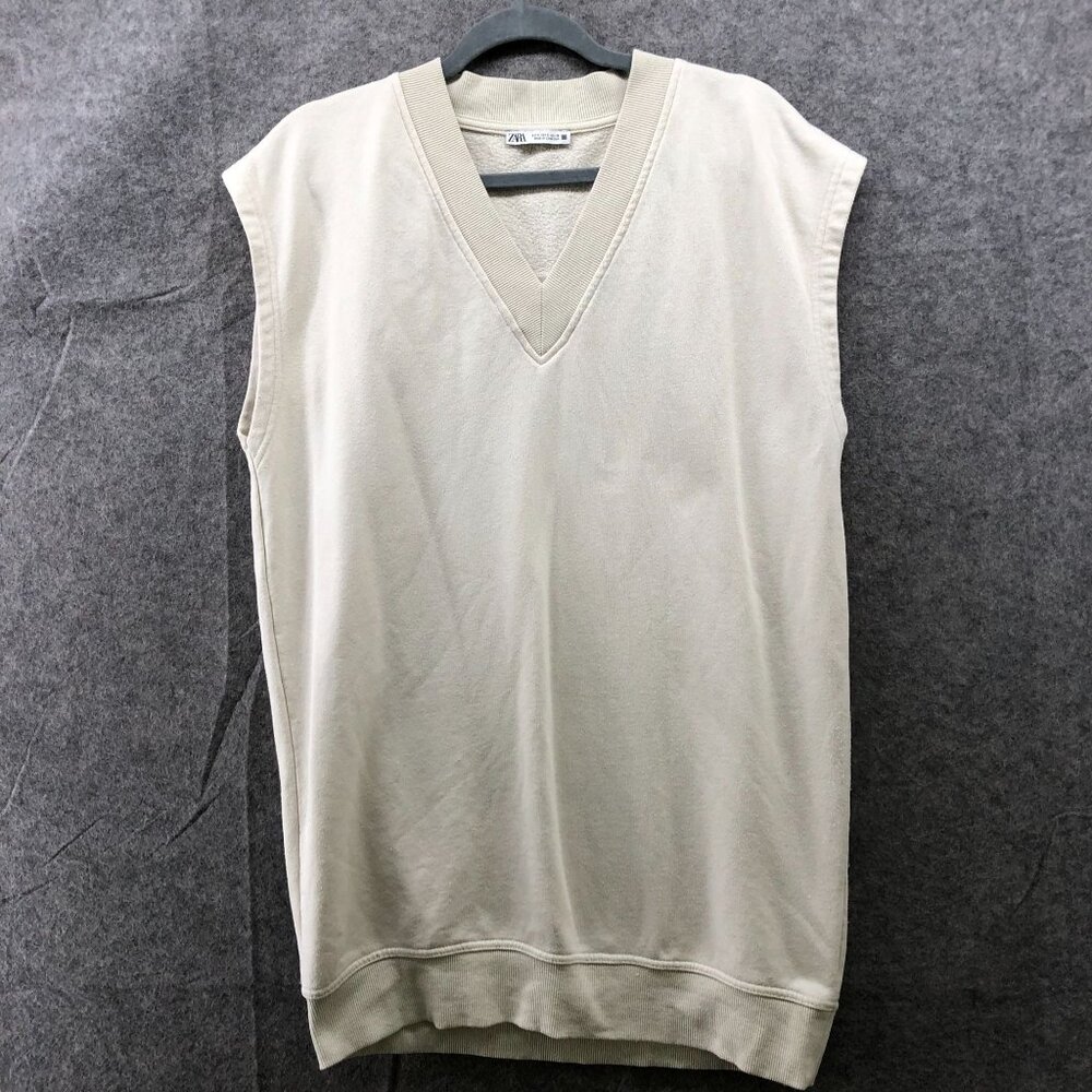 Zara Relaxed Sweatshirt Vest Mens S‎ Beige V-Neck Cream Pullover Sleeveless